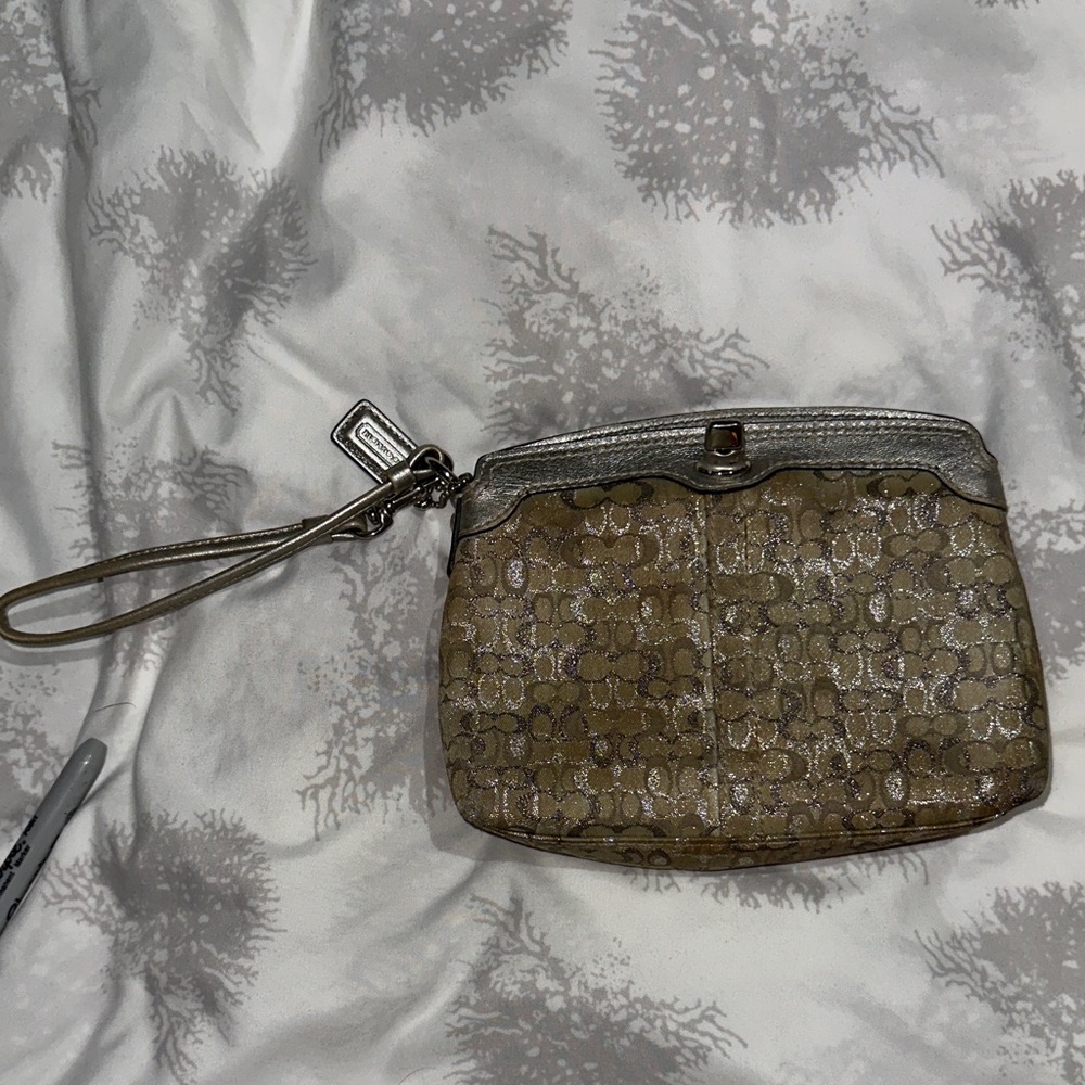 Coach Silver and Tan Signature Wristlet